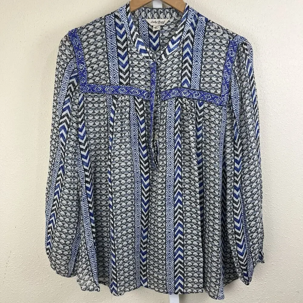 Lucky Brand Mixed Print Beaded Peasant Top Womens L Large Blue Boho Semi Sheer - Picture 2 of 4